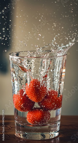 Strawberries splash into clear liquid in glass, vibrant colors, fresh fruit, water droplets. Fruity refreshment and visually appealing scene.