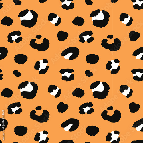Leopard print pattern with black and orange spots on a tan background, creating a bold and exotic design