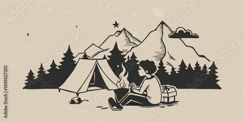 A person in camping under the stars monochrome vintage image. Flat vector illustration.