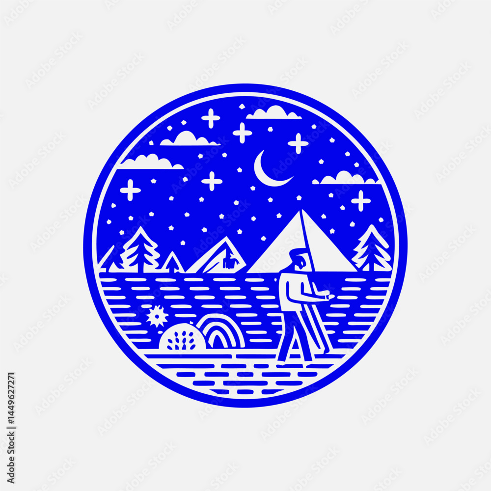 A flat-style vector illustration of a person in camping under the stars. A flat-style vector illustration of a person in camping under the stars.