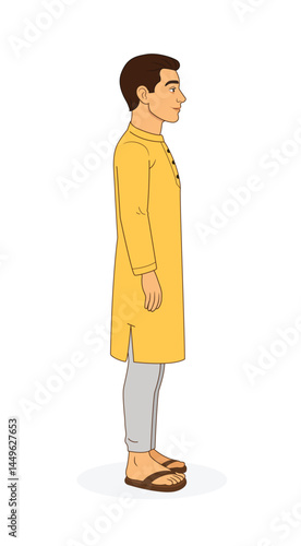  Side View of Indian Man in Traditional Yellow Kurta – Character Illustration. Profile View of Indian Man Character. Indian Man Cartoon Character. Indian Man Vector Character. 