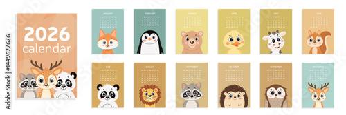 Calendar 2026 A4 with Cute Animal Head. Calendar for Children. Week start from Sunday. Vector Illustration. Calendar with Animal Heads.