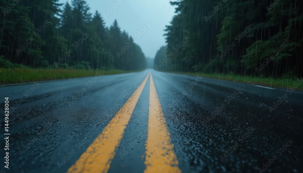 Wet road with yellow lines through green forest under rain. Asphalt highway, overcast sky. Dark mood. Ideal for travel, road trip concepts, nature backgrounds transportation themes. Nature, travel, Wet road with yellow lines through green forest under rain. Asphalt highway, overcast sky. Dark mood. Ideal for travel, road trip concepts, nature backgrounds transportation themes. Nature, travel,