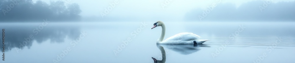 Fototapeta premium Serene swan on foggy lake, tranquil nature scene, peaceful background