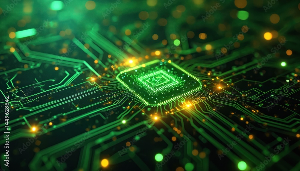 Abstract illustration of futuristic circuit board with glowing green and yellow nodes. Electronic circuitry network design pulsating with energy data flow. Concept of high tech innovations.
