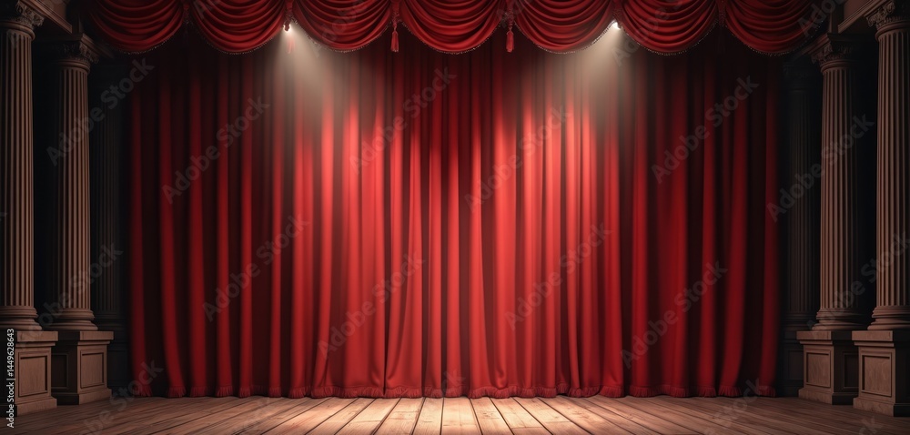 Red theater stage curtains, spotlight illuminate. Wooden floor, columns create classic theatrical ambiance. Empty theatre scene, suitable for events performances. Theatrical presentation, backdrop