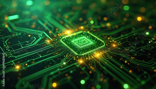 Obraz na płótnie Abstract illustration of futuristic circuit board with glowing green and yellow nodes. Electronic circuitry network design pulsating with energy data flow. Concept of high tech innovations. w salonie