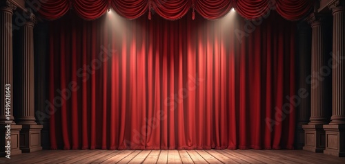 Red theater stage curtains, spotlight illuminate. Wooden floor, columns create classic theatrical ambiance. Empty theatre scene, suitable for events performances. Theatrical presentation, backdrop