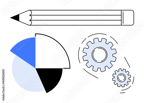 Pencil, pie chart in four sections, and interconnected gears symbolizing creativity, analysis, productivity, and teamwork. Ideal for innovation, productivity, planning analytics workflow strategy
