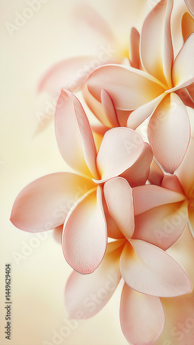 Soft focus tropical flowers, pastel pink and yellow blossoms, dreamy summer background. 