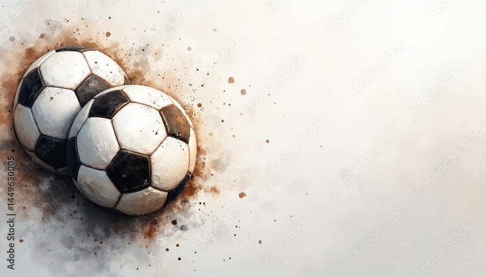 Watercolor illustration soccer balls on white backdrop with copy space. Sport template for posters cards invitations advertisements. Football game theme perfect for design needs. Banner background.