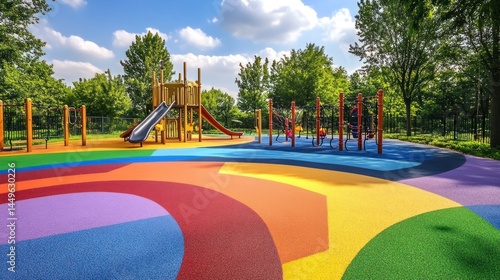 Colorful playground with vibrant, textured surfacing and play equipment.
