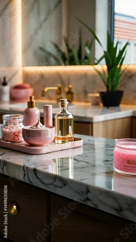 Wallpaper Mural Pink beauty products, including moisturizer, serum, bath salts, and oil, are displayed on a pink tray on a marble countertop in a modern bathroom. Torontodigital.ca