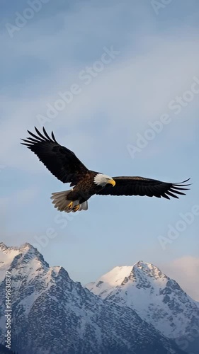 Wallpaper Mural Bald eagle soaring above snow-covered mountains with wings fully stretched. High altitude clarity, freedom, powerful motion.

 Torontodigital.ca