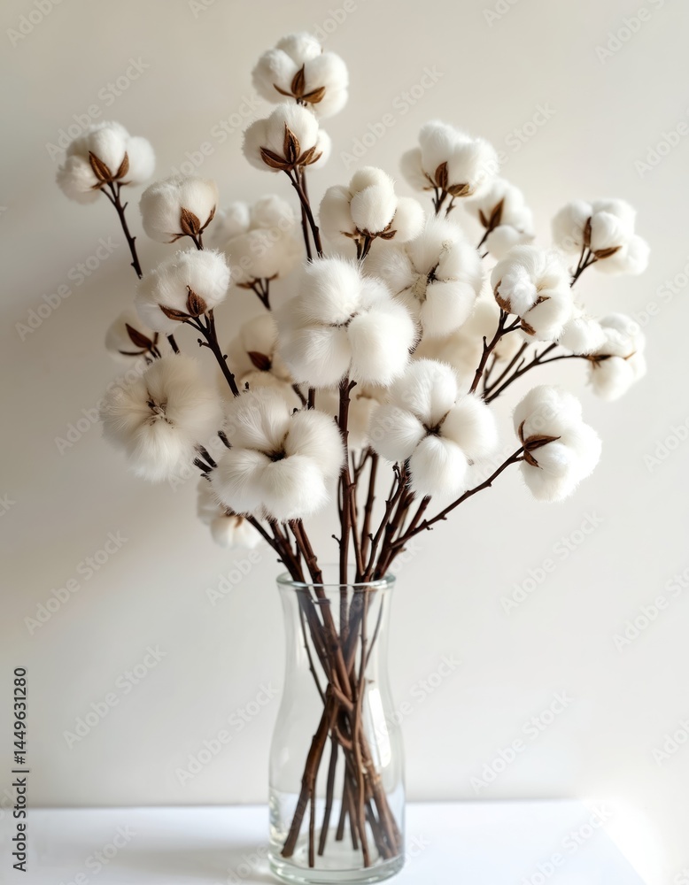 Elegant arrangement of cotton flowers, twigs in glass vase. Delicate white cotton blossoms on thin stems, creating soft, airy composition. Boho style for home decor, interior design. Modern, chic,