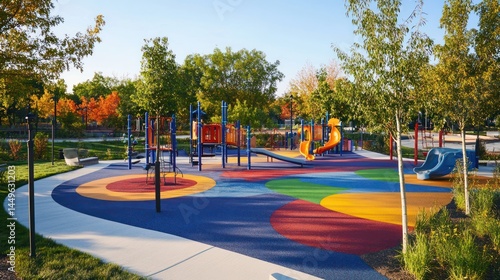 Colorful playground with vibrant play structures amidst lush autumnal trees.