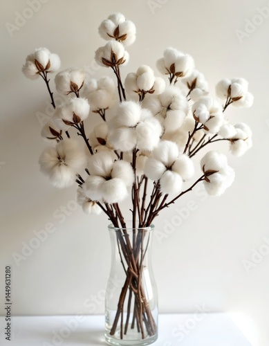 Obraz na płótnie Elegant arrangement of cotton flowers, twigs in glass vase. Delicate white cotton blossoms on thin stems, creating soft, airy composition. Boho style for home decor, interior design. Modern, chic, w salonie