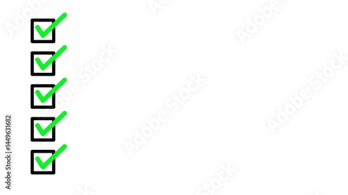 Animated checklist with green checkmarks on white background, productivity and task completion, 4k