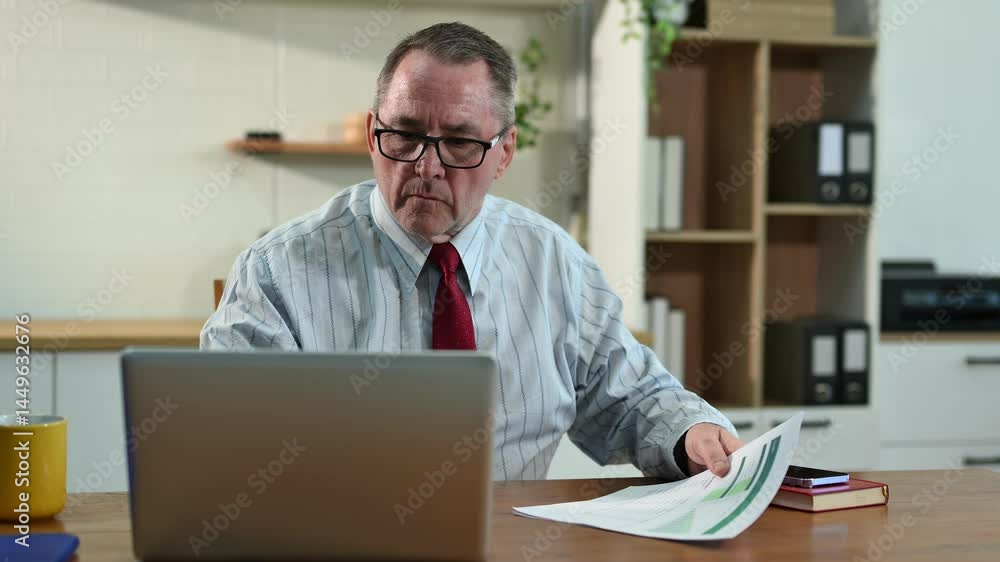 Mature Businessman using laptop while sitting at home. man sitting in kitchen and doing market research working Mature Businessman using laptop while sitting at home. man sitting in kitchen and doing market research working