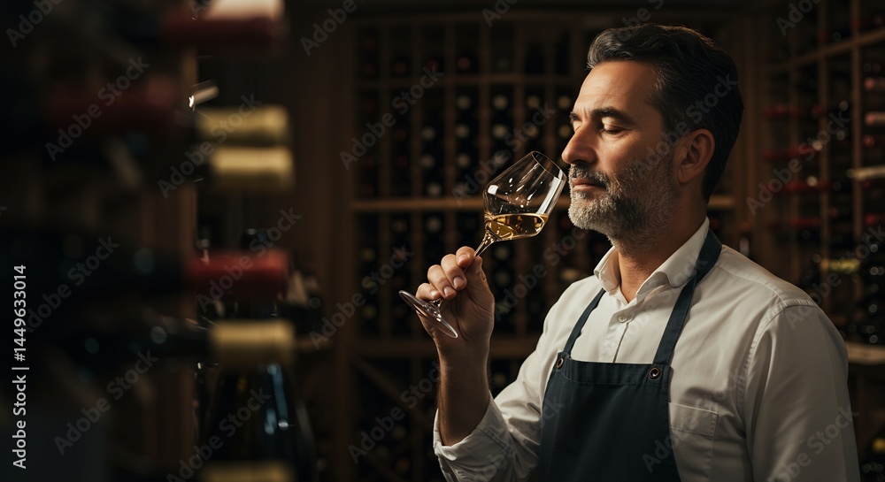 Sommelier in a Wine Cellar Carefully Smelling and Tasting a Glass of White Wine Sommelier in a Wine Cellar Carefully Smelling and Tasting a Glass of White Wine