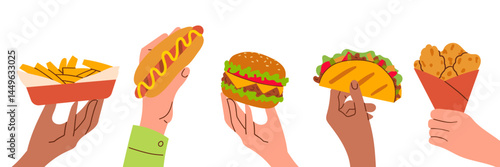 Hands holding fast food items on white background. Vector illustration hand drawn flat street food illustration for banner , menu or poster card food design .