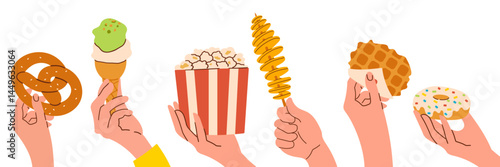 Hands holding fast food items on white background. Vector illustration hand drawn flat street food illustration for banner , menu or poster card food design .