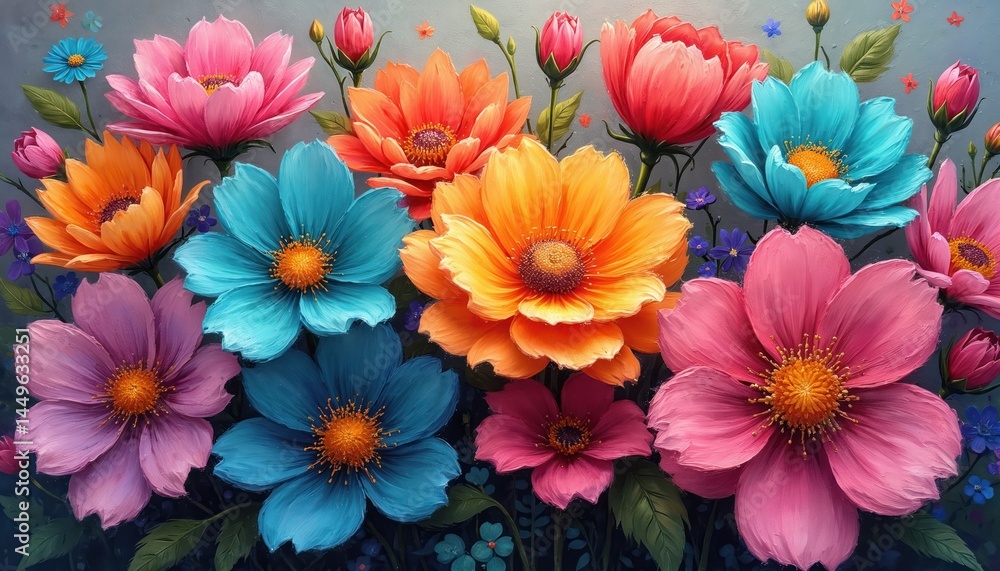 Colorful flower illustration art with big bloom petals. Floral painting with vibrant color shades, artistic wallpaper, floral background with beautiful blossom, nature painting artwork for print