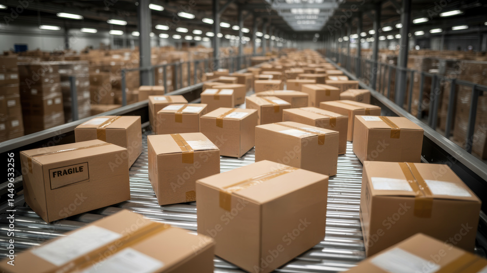 Pharma production line with cardboard boxes moving on conveyor in warehouse for efficient packaging and shipping process Pharma production line with cardboard boxes moving on conveyor in warehouse for efficient packaging and shipping process