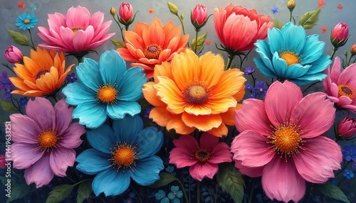 Obraz na płótnie Colorful flower illustration art with big bloom petals. Floral painting with vibrant color shades, artistic wallpaper, floral background with beautiful blossom, nature painting artwork for print w salonie