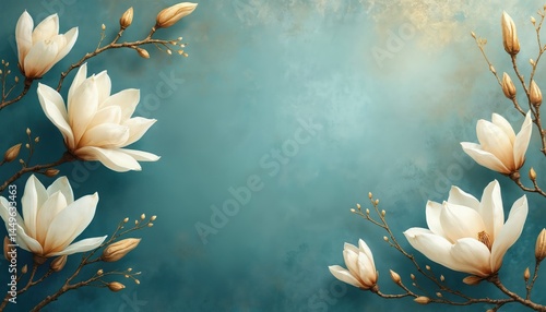 Fine art illustration features creamy white magnolia flowers with golden accents on teal blue textured background. Floral arrangement of buds, blossoms branches. Decorative art perfect for design