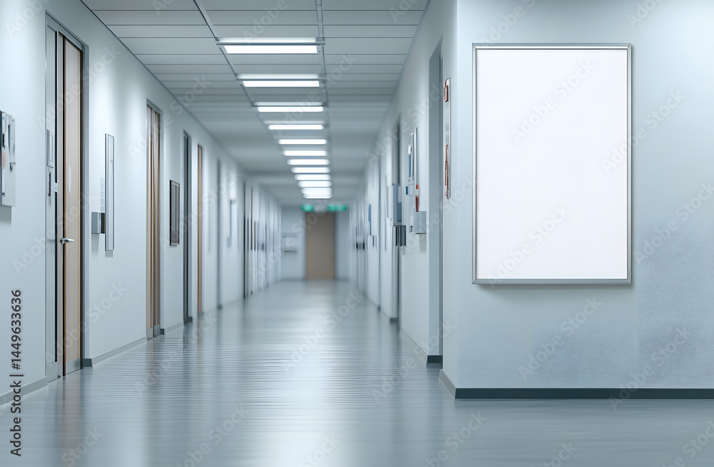 Mockup poster on wall in hospital corridor. Empty white A4 paper for text, ad, presentation, advertising, marketing. Medical center clinic interior. No people, blur background.