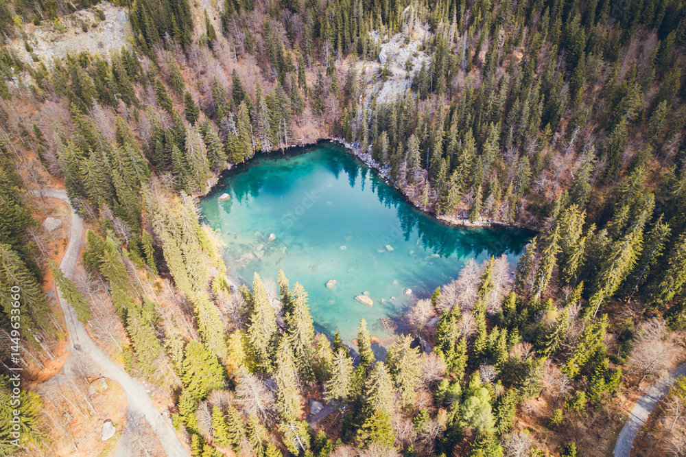 Fototapeta premium Sightseeing tour of the green lake of Passy and Chamonix, Mont Blanc, drone view, in Haute-Savoie, France