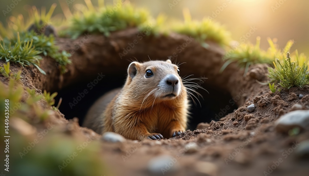 Groundhog peeks from burrow. Cute rodent emerges spring. Groundhog day concept, wildlife, nature. Animal looking out from its hole. Symbol spring. Furry, brown, mammal. Season, spring, summer concept.