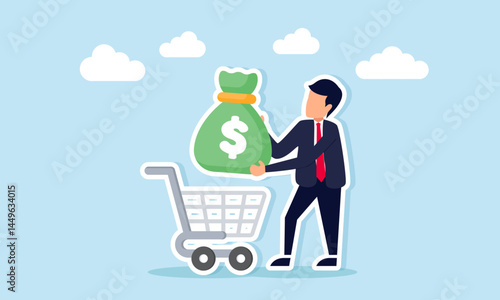 Businessman holding a money bag and intending to place it into a basket, illustration of finding the right business investor