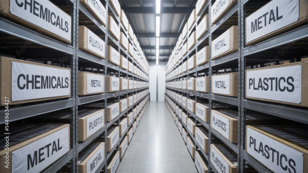 Obraz premium Pharma production line storage with organized shelves holding boxes labeled chemicals metal and plastics in clean industrial warehouse aisle