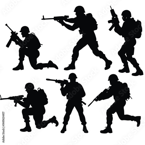 Military Silhouettes Action Poses of Soldiers with Weapons