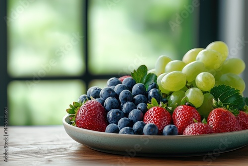 Fresh strawberries, blueberries and green grapes resting on a plate by a window