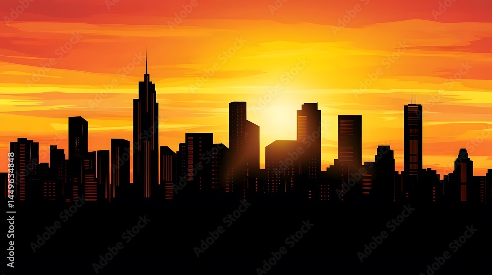 Obraz premium Stunning Cityscape Silhouette at Sunset, Urban Skyline Illustration
