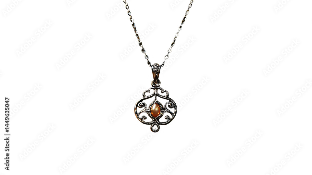Fototapeta premium Silver Filigree Pendant Necklace with Pearl Accent on Black Background