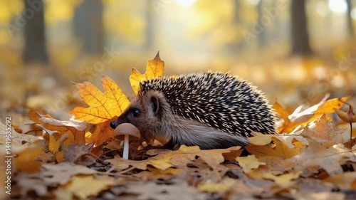 Hedgehog hiding beneath autumn leaves with only nose visible. Forest floor detail, cozy composition, playful mystery.

