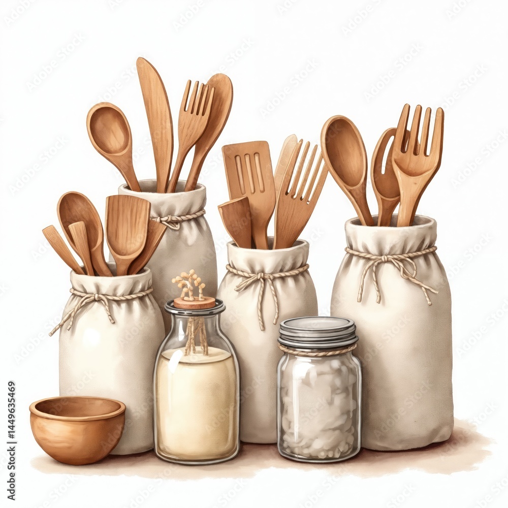 Charming illustration of kitchen utensils in jars and bags. Wooden spoons forks, spatulas. Home decor inspiration culinary settings. Cozy rustic kitchen design idea.