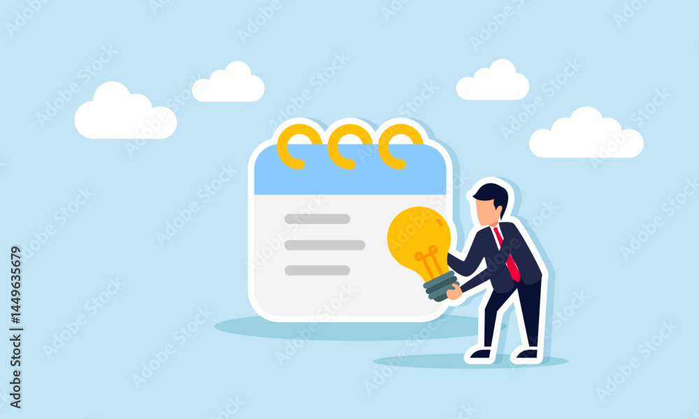 Businessman carrying a lamp next to a book note, illustration of writing down the right ideas for business Businessman carrying a lamp next to a book note, illustration of writing down the right ideas for business