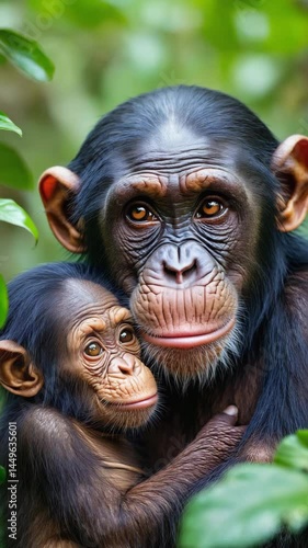 Chimpanzee holding baby tightly in rainforest canopy with curious gaze. Protective instinct, family warmth, dense green backdrop.


