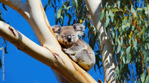 Koala sleeping in eucalyptus tree under bright midday sun. Lazy posture, blue-sky backdrop, peaceful marsupial moment.

