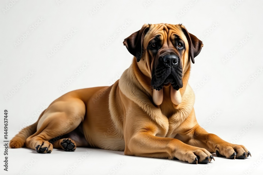 Fototapeta premium Imposing Mastiff, relaxed posture, pure white backdrop, calm, full body
