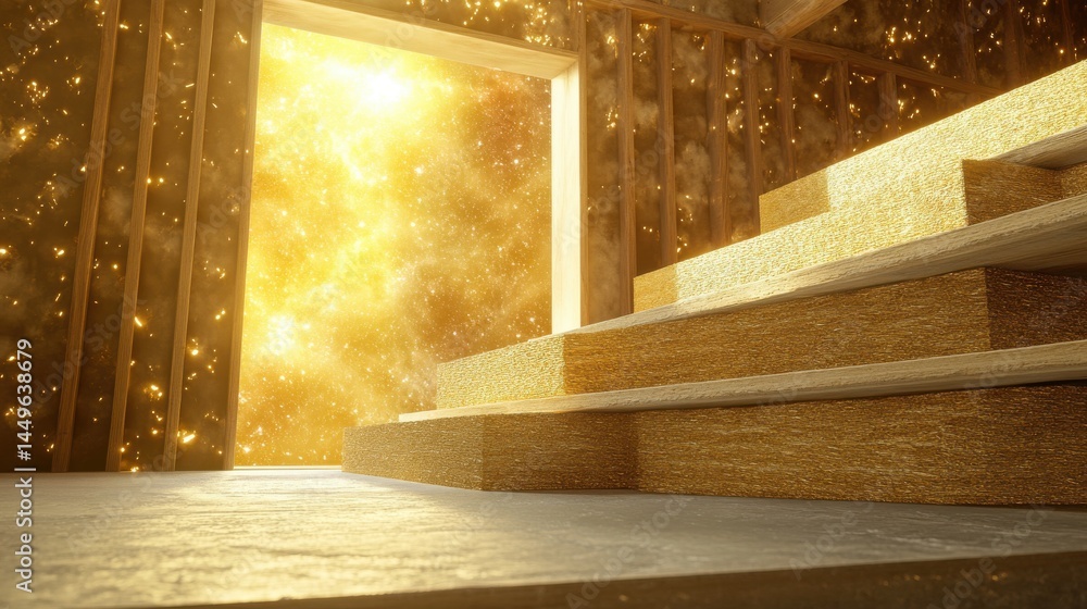 Golden Staircase Leading to Luminous Doorway with Glittering Particles Golden Staircase Leading to Luminous Doorway with Glittering Particles