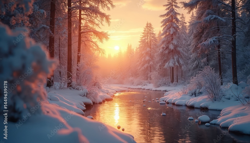 Serene winter scene with snow covered forest. Sun reflects in calm river. Winter, nature peaceful, sunlight. Forest trees, snow-covered branches, warm light, idyllic landscape.