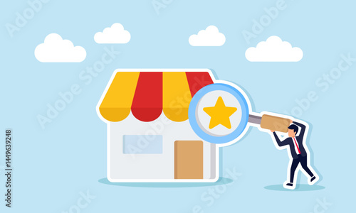 Businessman holding a magnifying glass to observe a star on a shop, illustration of evaluation and analisa related to business product quality
