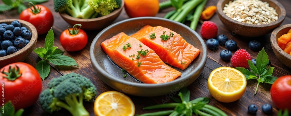 Balanced nutrition food concept. Variety of organic ingredients, vegetables, fruits, salmon. Healthy balanced meal, dieting concept. Vitamin rich, detox eating. Wooden background.