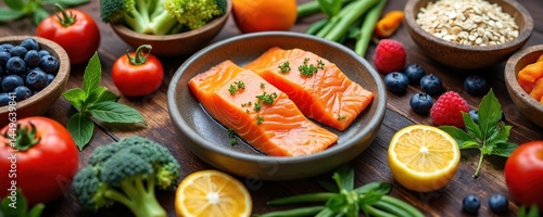 Balanced nutrition food concept. Variety of organic ingredients, vegetables, fruits, salmon. Healthy balanced meal, dieting concept. Vitamin rich, detox eating. Wooden background.